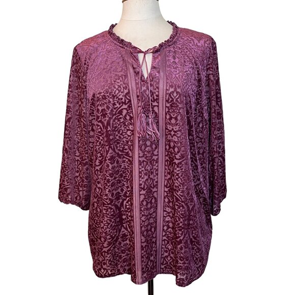 Valerie Stevens Velvet Burnout Tunic Top 1X Plus Size Purple Boho Refined Hippie - Picture 1 of 9